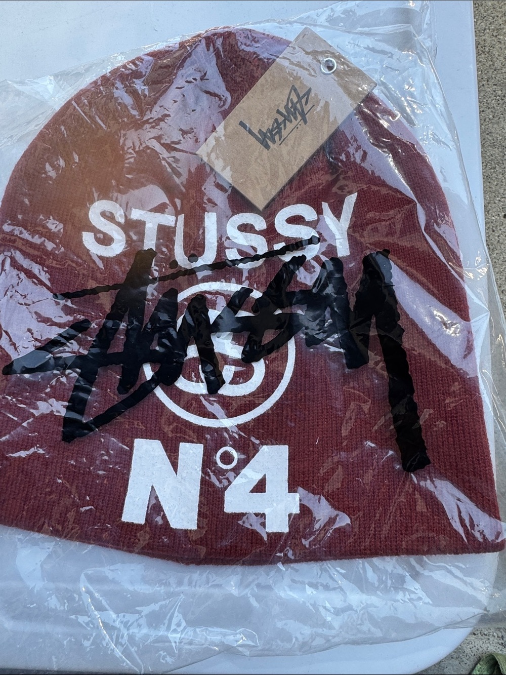 Stussy Burgundy Beanie with White and Black Logo